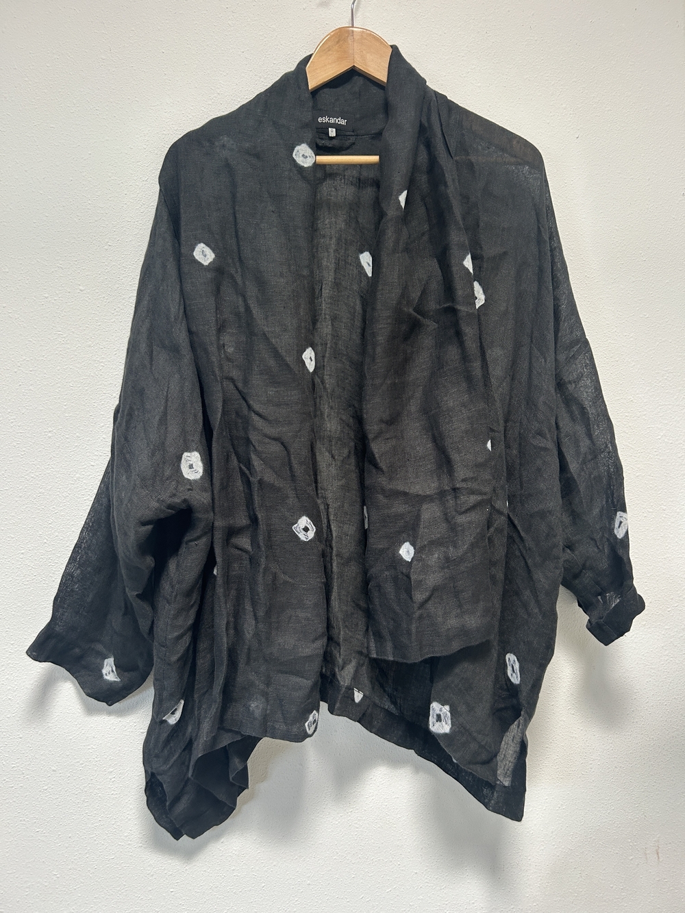 eskandar Black Sheer Open-Front Jacket with White Dot Motif